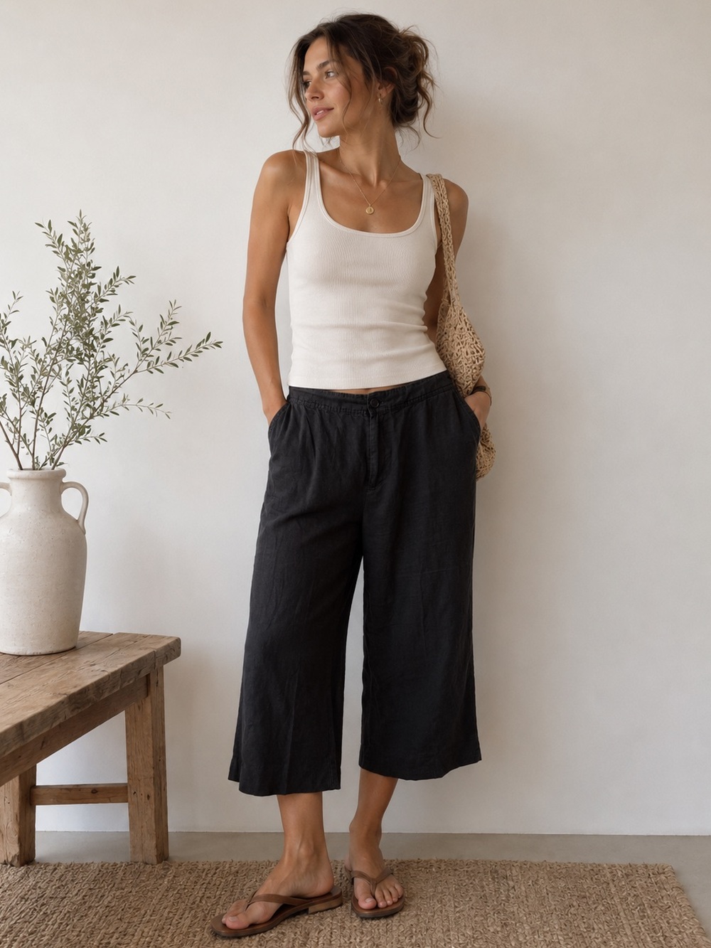 Catherine Stewart 100% Linen Black Wide Leg Cropped Pants Women’s